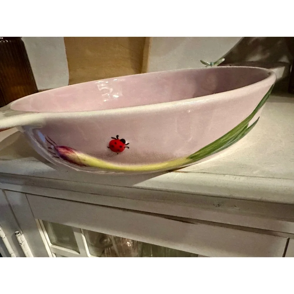 RARE Anthropologie Faye Pie Dish 3D Butterfly Ladybug Snail Pink Stoneware HTF